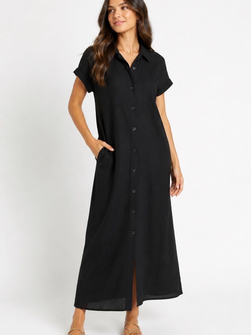 Preview Collection Black Button-Front Maxi Shirt Dress